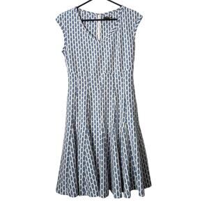 Taylor Blue and White A-line Midi Dress with Flutter Sleeves